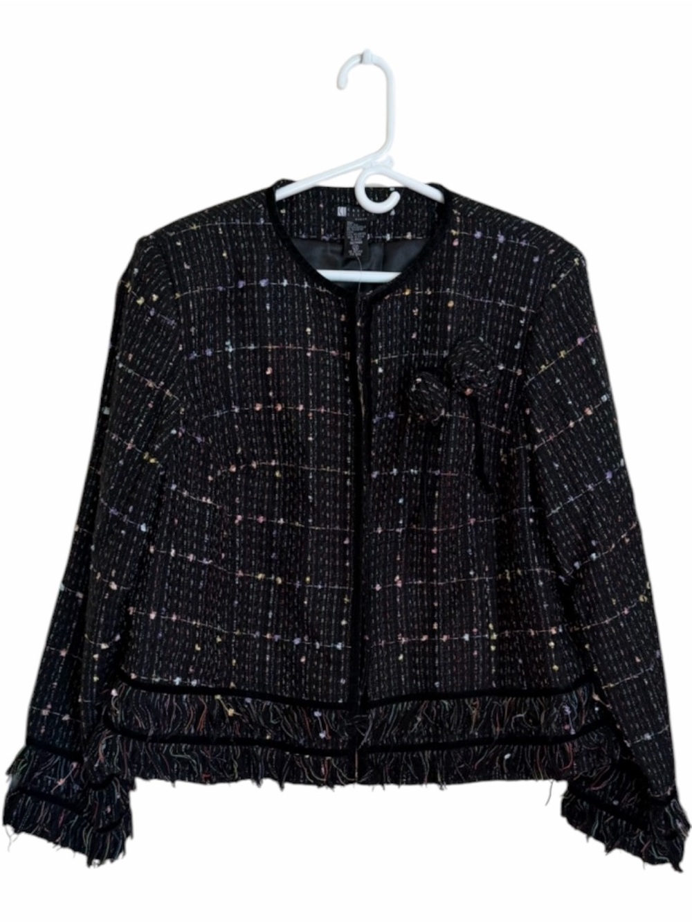 Silk Blend Black Tweed Fringe Jacket with Rosette - Women's